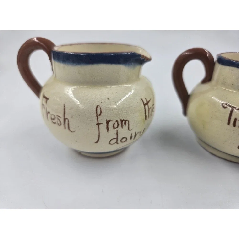 2 Vtg Devon Motto Ware Small Creamer Pitcher Time Ripens All Things Hand Painted